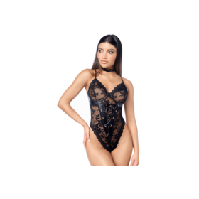 Body sexy en dentelle avec laçage avant et tour de cou 